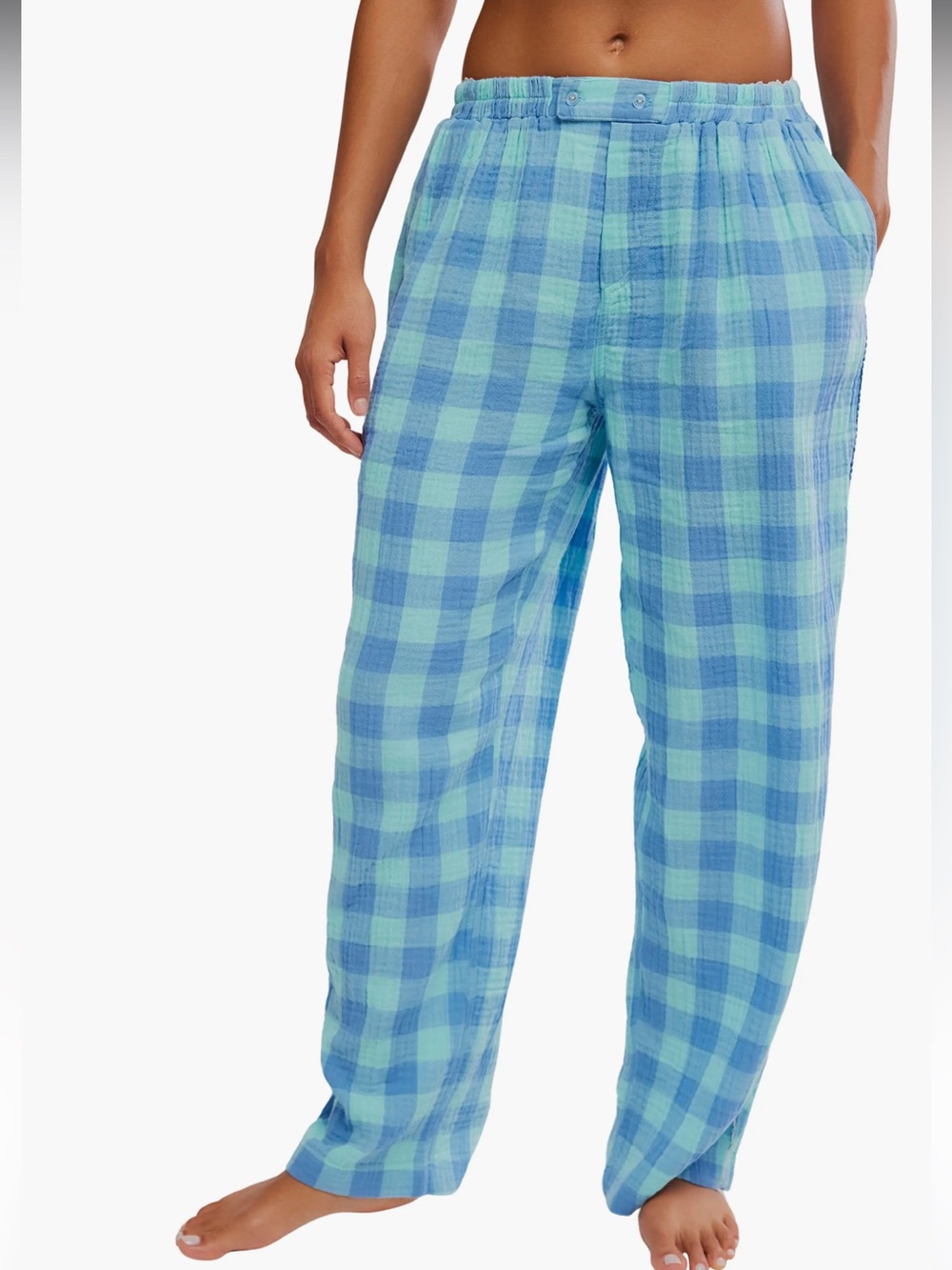 Free People Intimately Plaid Pajama Pants Medium Blue Aqua Cotton Lounge